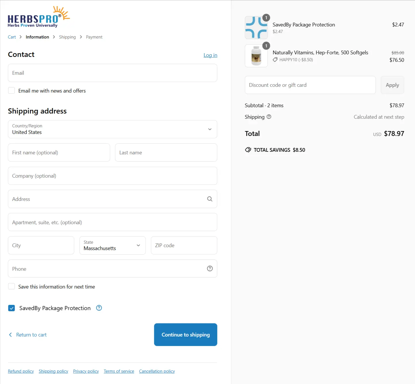 HerbsPro checkout page